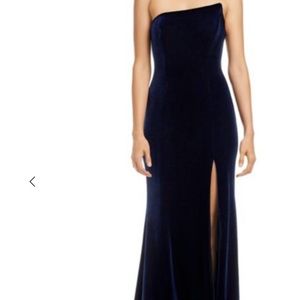 Aqua asymmetric velvet strapless gown